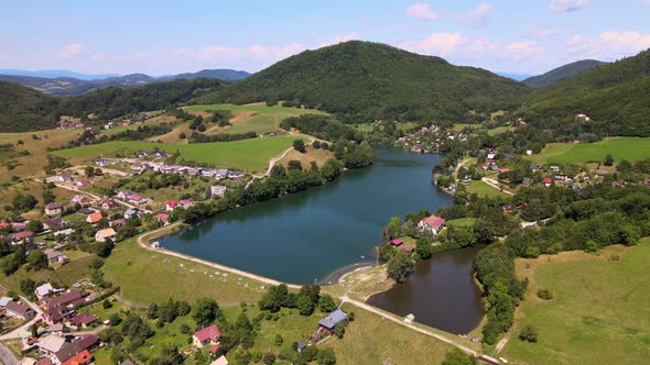 Aerial view of a lake in the village of Bansky Studenec in Slovakia