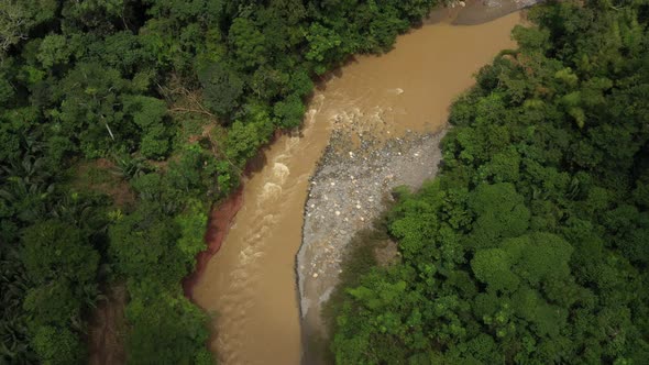 Aerial still video of a fast flowing tropical river in the Amazonian rainforest of south america