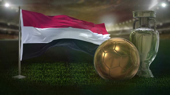 Yemen Flag With Football And Cup Background Loop 4K
