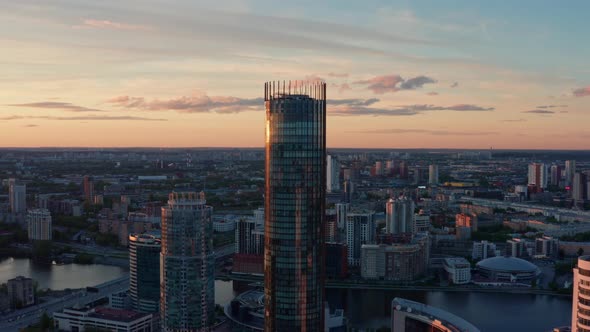 Aerial View of the City Center at Sunset