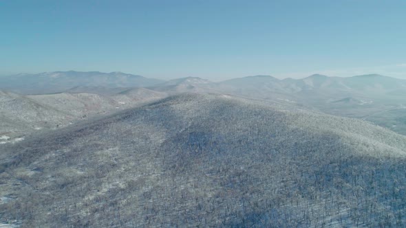 Aerial Winter Mountain Landscape of a Frozen Forest with Snow and Ice Covered Trees on a Sunny