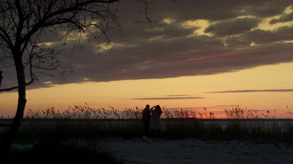 Couple Walking Sunset Beach Spending Time Together on Nature Coastline Landscape