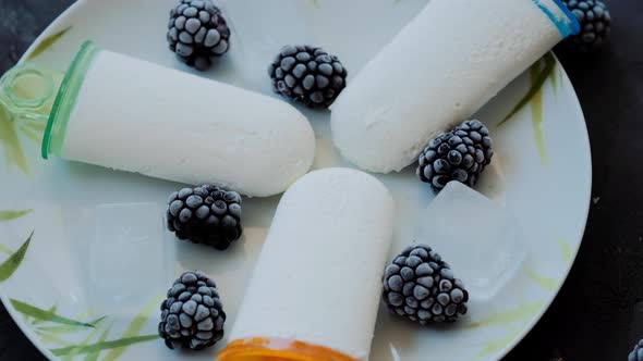 Top view of Homemade  ice cream with with blackberry on the plate