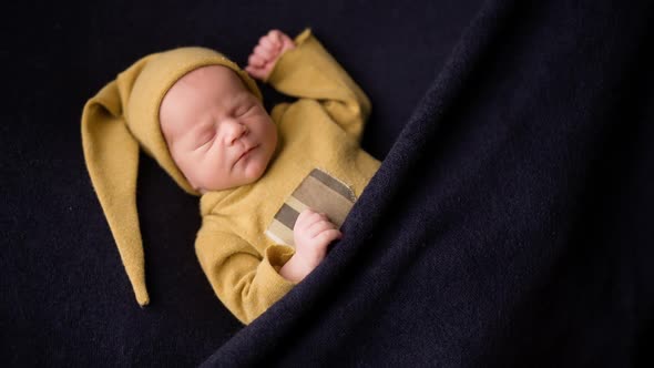 Newborn Baby in Yellow Pajamas Sleeping Peacefully on a Dark Blanket Professional Photography 