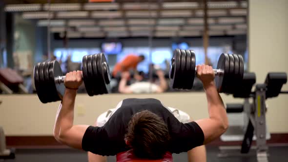 Closeup and head-on shot of bodybuilder doing dumbbell bench presses.