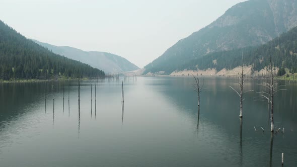 Aerial, panorama of Earth Quake Lake in Montana, United States