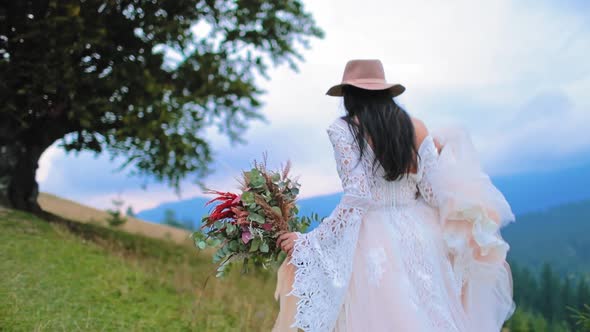 bride posing against mountain. Bride in elegant dress posing on background of mountains