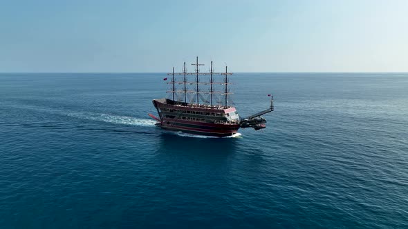 The Pirates yacht calls at the port aerial view 4 K Turkey Aanya