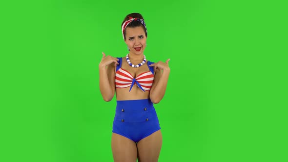 Indignant Girl in a Swimsuit Is Pointing Herself, Say Who Me No Thanks i Do Not Need. Green Screen