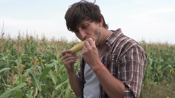 Farmer on the Field Tastes Young Corn