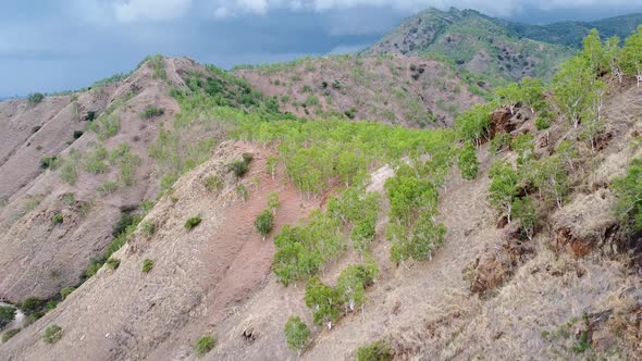 Vast rocky mountain range with sparse trees and foliage during dry season in Timor Leste, Southeast