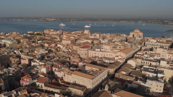 Drone Flies Above the Ortygia Ortigia Island in Province of Siracusa  in Sicily Italy