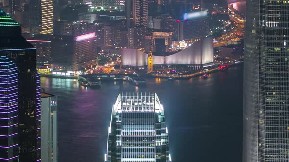 Hong Kong City Skyline Aerial Timelapse at Night with Victoria Harbor and Skyscrapers