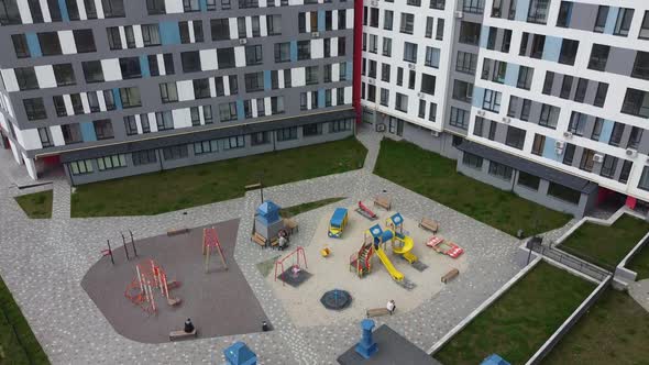 Aerial drone view of a flying over the modern residential building.