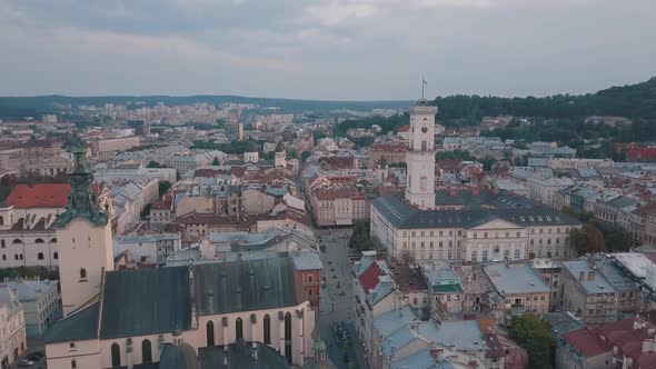 Aerial City Lviv, Ukraine. European City. Popular Areas of the City. Town Hall