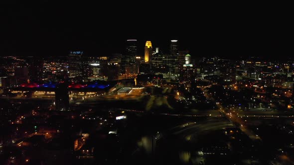 aerial footage downtown Minneapolis, Minnesota at night