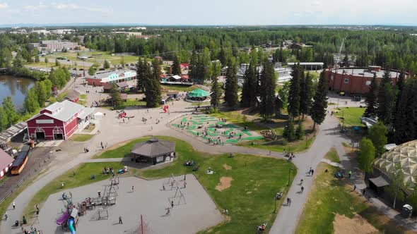 4K Drone Video of Tanana Valley Railroad at Pioneer Park in Fairbanks, AK during Summer Day