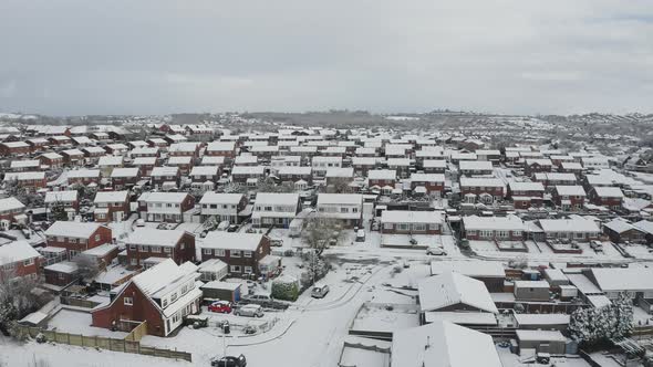 Aerial landscapes of the city of Stoke on Trent covered in snow after a sudden storm came in. Heavy