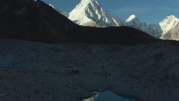 Pumori, Lingtren and Khumbutse Mountains. Himalaya, Nepal. Aerial View