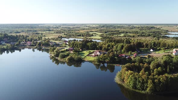 Flight Over Beautiful Lakes Near The Village Of Ostrovno
