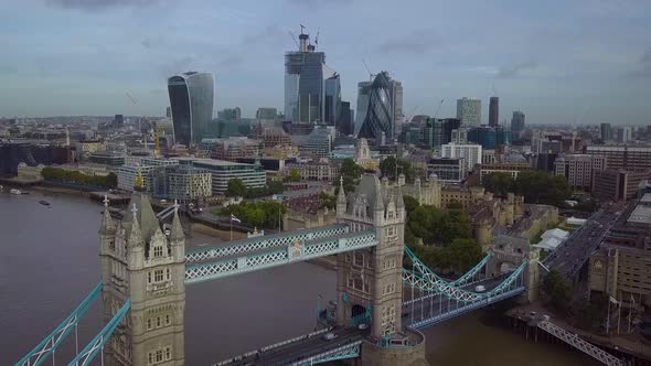 Aerial view of Tower Bridge and downtown London