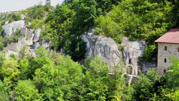 Aerial view of orthodox rock monastery