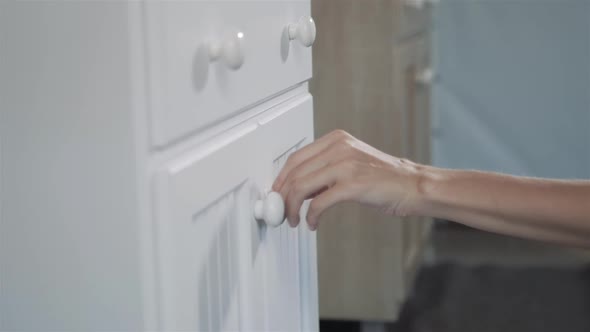 Woman Hand Open Drawer Bathroom New Furniture Close Up