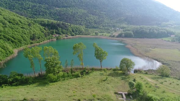 Lake and forest landscape, houses by the lake.