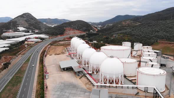 Gas plant with storage tanks. Oil and gas tanks on factory