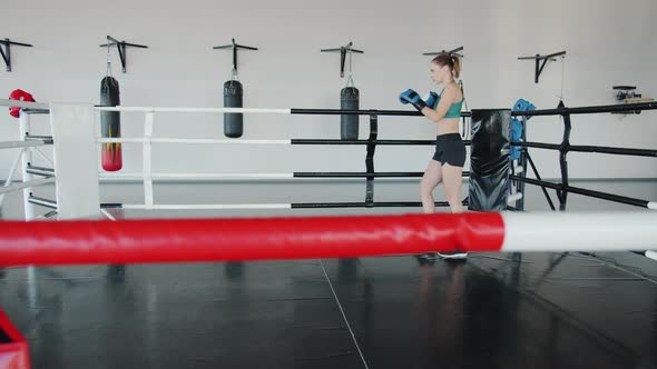 Flexible Young Woman Boxer Stretching Legs After Training Inside Boxing Ring in Modern Gym