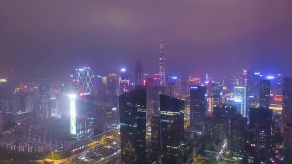 Shenzhen Urban Cityscape at Night. Urban Futian District. Guangdong, China. Aerial View