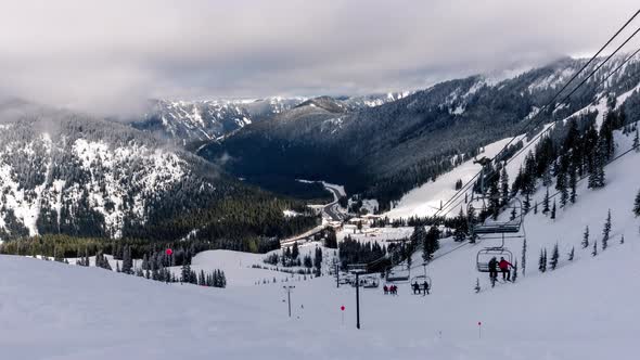 Winter Ski And Snowboard Resort Chairlift Timelapse Zoom Out