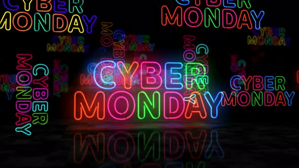 Cyber Monday neon symbol 3d flight between alt