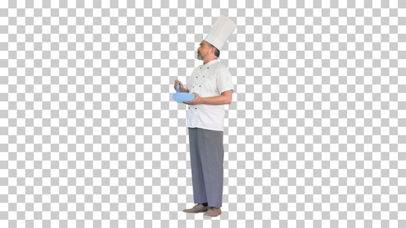 Male chef cook holding bowl and whipping, Alpha Channel