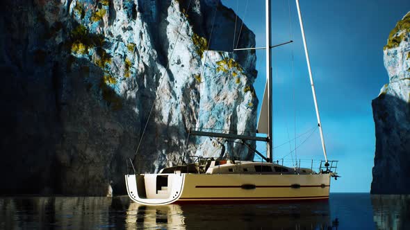 White Yacht Anchored in a Bay with Rocky Cliffs