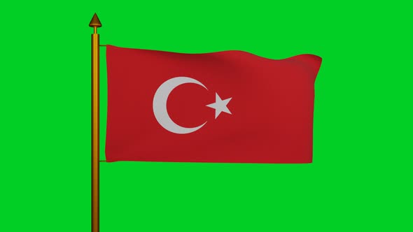 National flag of Turkey waving with flagpole on chroma key, Turkish flags featuring star crescent