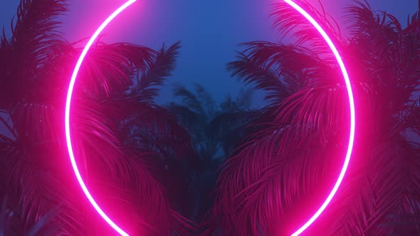 Retrowave Glowing Rectangle Frame Appears in the Tropical Palm Tree