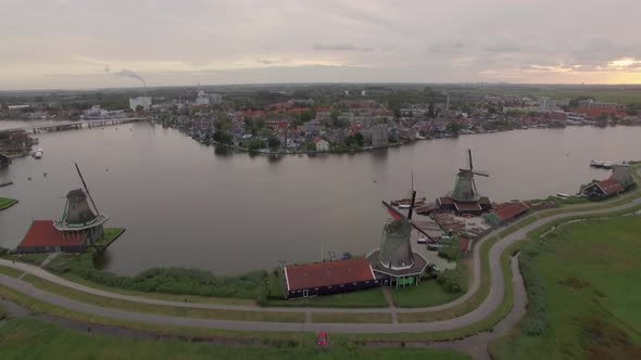 Aerial Scene with Windmills and Township in Netherlands