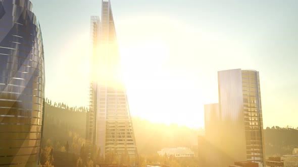 City Skyscrapes with Lense Flairs at Sunset