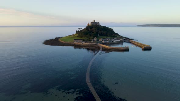 Birdseye view towards St Michaels Mount during high tide. Cornwall