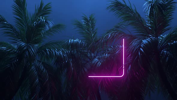 Retrowave Glowing Rectangle Frame Appears in the Tropical Palm Tree