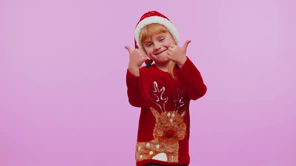 Funny Girl in Red New Year Sweater Raises Thumbs Up Agrees Something Good Like Violet Background