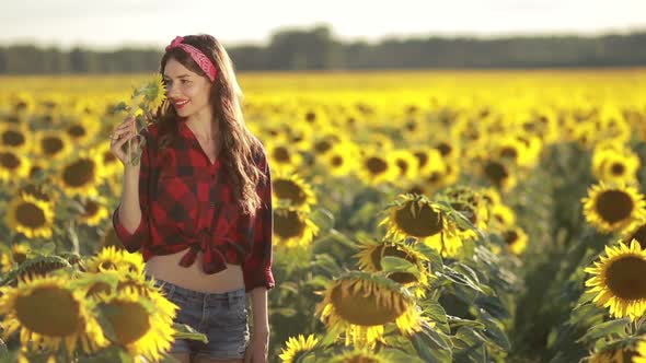 Charming Girl Smelling Sunflower Blossom in Field