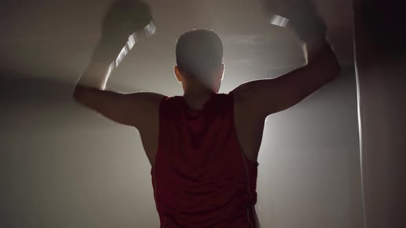 Silhouette of Male Boxer Showing Victory Gesture in Lense Flare. Back View of Young Athletic