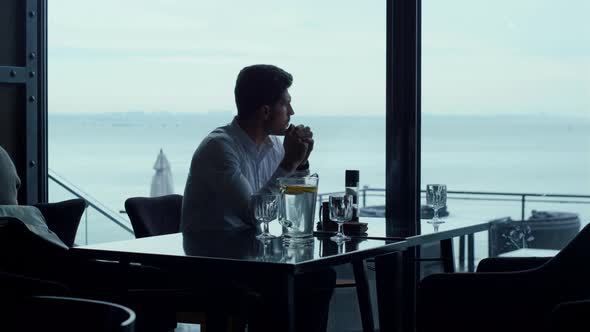 Man Silhouette Looking Beautiful Sea View Relaxing Luxury Panoramic Restaurant
