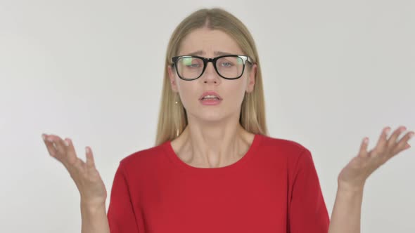 Disappointed Young Woman Reacting Loss on White Background