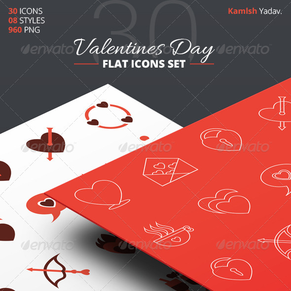 30 Flat Valentines Day Icon Set