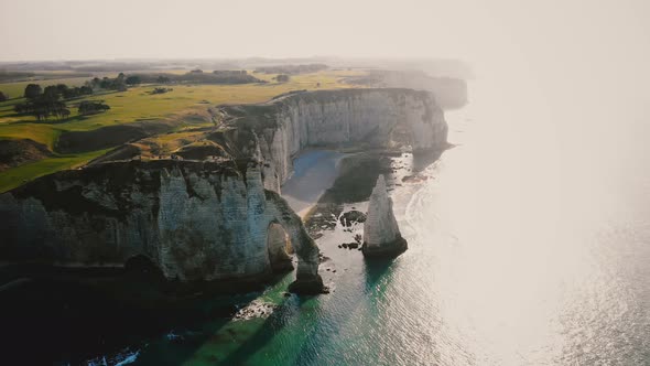 Amazing Drone Panorama of Epic Natural Rocky Arches and Pillars at Famous White Chalk Seaside Cliffs
