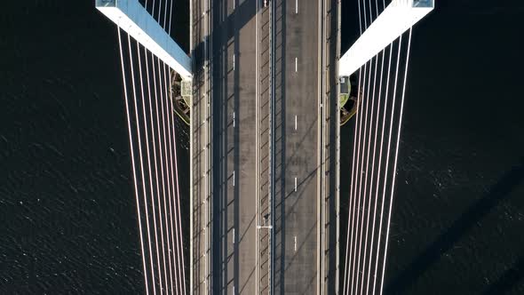 Vehicles Crossing a Suspension Cable Stayed Bridge in Slow Motion