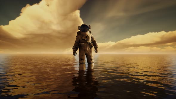 Spaceman in the Sea Under Clouds at Sunset